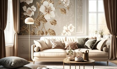  a living room filled with furniture and a large flower wallpaper.  generative ai