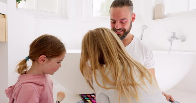 Happy family, makeup and girl with father in a bathroom for creative fun, beauty and bonding in their home. Family, kids and eyeshadow by children color, paint and playing on dad face while laughing
