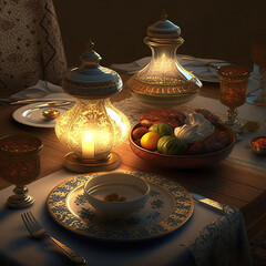 a table setting with candles, plates and bowls filled with fruit on the table is lit by an oil lamp