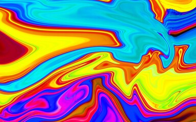 Hand Painted Background With Mixed Liquid Blue, Yellow And Red Paints. Abstract Fluid Acrylic Painting. Marbled Colorful Abstract Background. Liquid Marble Pattern.
