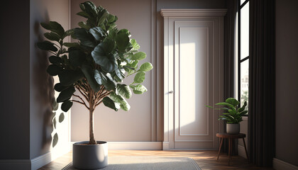 3d render interior mock up of a modern apartment, an open folding door for kitchen area, morning sunlight on blank empty wall. Fiddle leaf fig tree in a pot. Background, Home, Products overlay