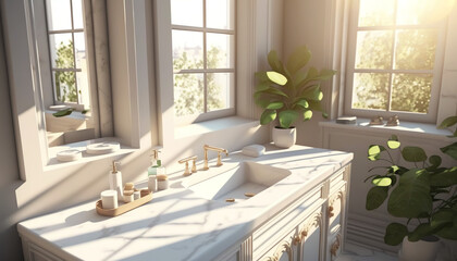 Modern and luxury bathroom vanity with white quartz countertop and rectangle washbasin in sunlight from window and leaf shadow on beige wall
