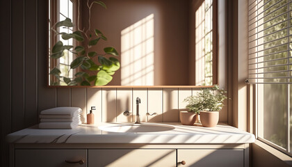 Modern and luxury beige bathroom vanity with countertop and white round ceramic washbasin in sunlight from window and leaf shadow on granite wall