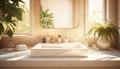 Modern and luxury beige bathroom vanity with countertop and white round ceramic washbasin in sunlight from window and leaf shadow on granite wall