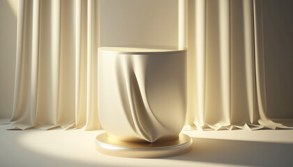 Modern and luxury cream colored round glossy pedestal podium in dappled sunlight from window with white blowing sheer curtain in white wall background for product display
