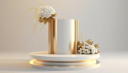 Modern, minimal round gold colored steel table podium with reeded glass partition on cream colored wall for luxury, organic, beauty, cosmetic product display