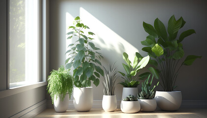 Naklejka na ściany i meble Variety of easy care and air purify indoor tropical house plants in white wall room with sunlight from window casting shadow on wood floor. 3D render for home garden interior decoration background