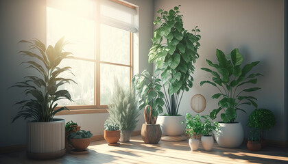 Fototapeta na wymiar Variety of easy care and air purify indoor tropical house plants in white wall room with sunlight from window casting shadow on wood floor. 3D render for home garden interior decoration background