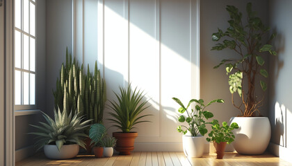 Variety of easy care and air purify indoor tropical house plants in white wall room with sunlight from window casting shadow on wood floor. 3D render for home garden interior decoration background