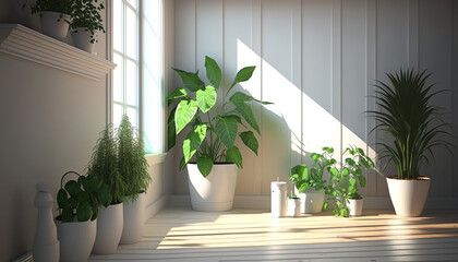 Variety of easy care and air purify indoor tropical house plants in white wall room with sunlight from window casting shadow on wood floor. 3D render for home garden interior decoration background