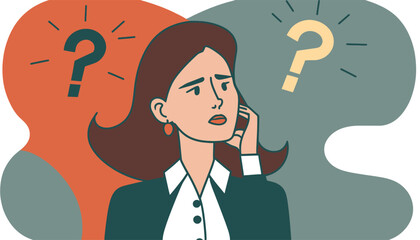 Make choice, decision concept. Puzzled business woman doubting, deciding, setting priorities. Questioned employee thinking, analyzing two options. Flat vector illustration isolated on white background