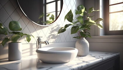 White marble vanity counter top and wall tiles with ceramic wash basin, modern minimal style faucet in bathroom in morning sunlight with house plant shadow. 3D render for product display background