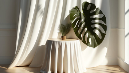 3D beautiful foliage of tropical tree in sunlight, leaf shadow on table counter and white wall with space in background for luxury summer, nature, organic product display backdrop