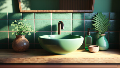 Wood vanity counter top and green wall tiles with ceramic washbasin and modern minimal style faucet in bathroom in warm morning sunlight and shadow. 3D render for product display background