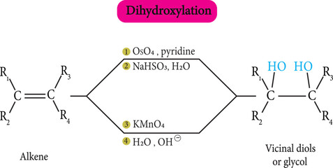 Dihydroxylation is an oxidation process when an alkene is converted into a vicinal diol, also known as 1,2-diols or glycols.