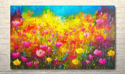  a painting of a field of flowers on a brick wall.  generative ai