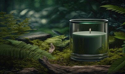  a candle is lit in a glass container surrounded by ferns.  generative ai