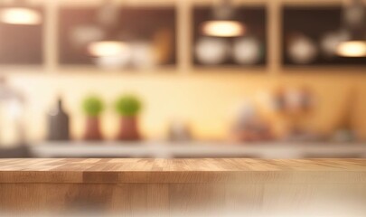Naklejka na ściany i meble a wooden table top in front of a blurry kitchen. generative ai