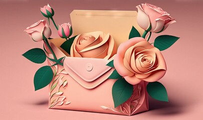  a bouquet of roses in a pink box with a pink envelope.  generative ai