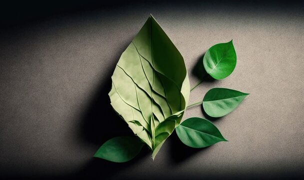  a green leaf laying on top of a gray table top.  generative ai