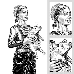 Happy woman farmer holding a baby pig in arms. Agricultural breeding of pigs. Vector hand drawn black and white retro illustration in the style of hatched engraved chiaroscuro line art