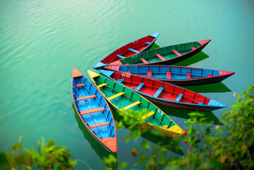 Colorful Wooden Row Boats in glacial Napal lake in many bright colors