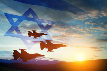 Aircraft silhouettes on background of sunset with a transparent waving Israel flag. Military aircraft. Independence day. Air Force Day.