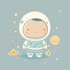 A little boy sleeping on a cloud with a moon and stars.