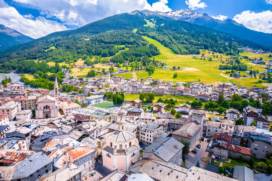 Town of Bormio in Dolomites Alps landscape view, Province of Sondrio