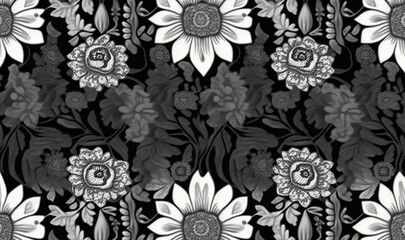  a black and white flower pattern with white flowers on a black background.  generative ai