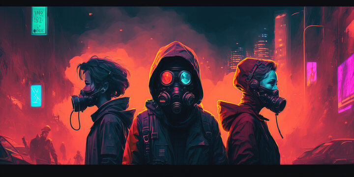 Dystopian City, Toxic Air, Masked People. Futuristic Art With Bold Design & Neon Colors. Generative AI