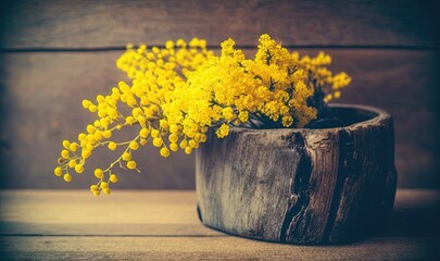  yellow flowers in a wooden vase on a wooden table top.  generative ai