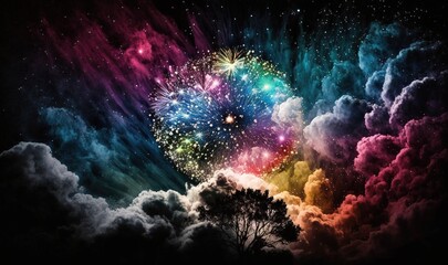 Obraz na płótnie Canvas a colorful fireworks is in the sky above the clouds and trees. generative ai