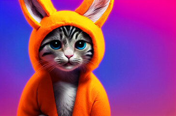 Cute kitty in hare costume. Little cat in clothes. Generative AI.