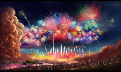  a painting of a fireworks display in the sky over a city.  generative ai