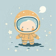 A little boy sleeping on a cloud with a moon and stars.
