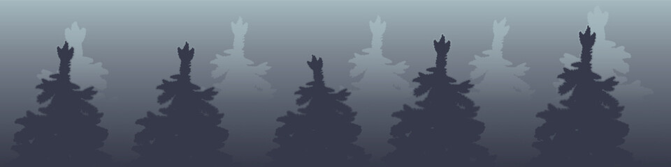 Dark mysterious forest from silhouettes of fir trees horizontal banner, vector image