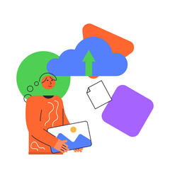 Cloud computing trendy character. Hosting platform service. data storage and processing vector illustration. Flat concept great for social media promotional materials.