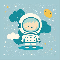 A little boy sleeping on a cloud with a moon and stars.