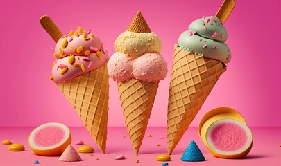  three ice cream cones with different toppings on a pink background.  generative ai