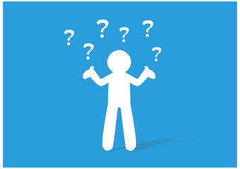 A confused man standing with questions mark around him