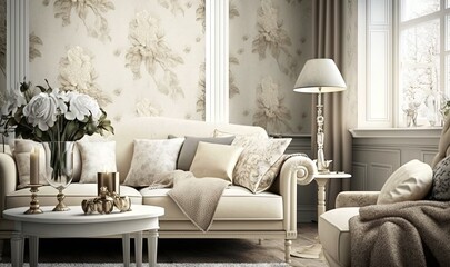  a living room filled with furniture and a large flower covered wall.  generative ai