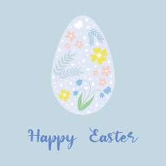 Delicate Easter egg on a blue background with flowers, branches and butterflies. Editable Easter design.