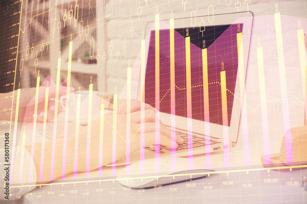 Aufkleber double exposure of woman hands typing on computer and forex chart hologram drawing. stock market ana
