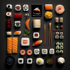 Knolling of a tasty sushi on dark background