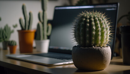 green cactus in a vase on a table near a laptop