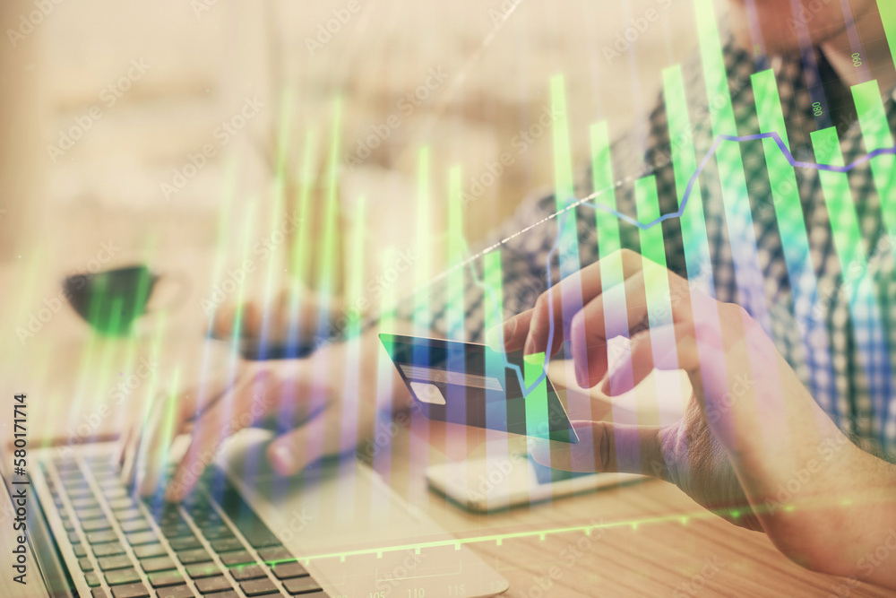 Poster double exposure of man hands holding a credit card and forex graph drawing. stock trading and digita
