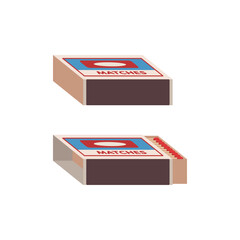 Isometric matchbox and matches, vector illustration, style vintage icon, retro Isolated sign, symbol on white background with red, blue and white colors