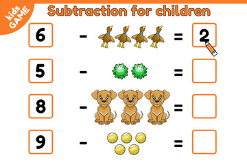 Math game for children. Subtraction skills training. Count and write down the numbers. Education worksheet for preschool and school kids. Cartoon puppy and dog toys. Isolated vector illustration.