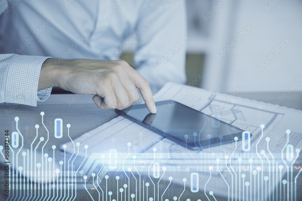 Poster double exposure of man's hand holding and using a digital device and data theme hologram drawing. te